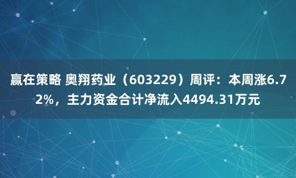 赢在策略 奥翔药业（603229）周评：本周涨6.72%，主力资金合计净流入4494.31万元