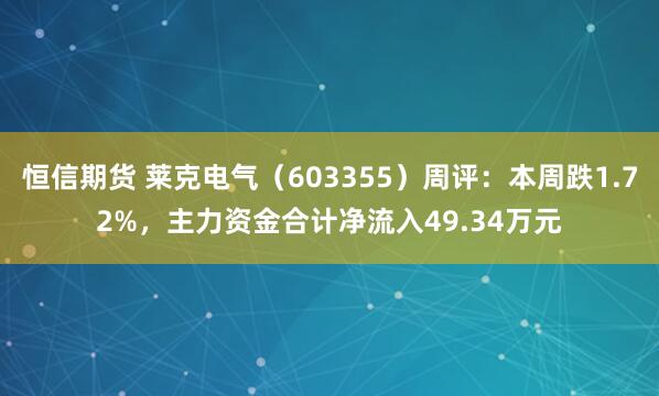 恒信期货 莱克电气（603355）周评：本周跌1.72%，主力资金合计净流入49.34万元